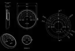 Technical blueprint of a circular watch face showing multiple views and cross-sections, with precise measurements, radii, and markings, including hour and minute indicators, displayed in white lines on a black background.